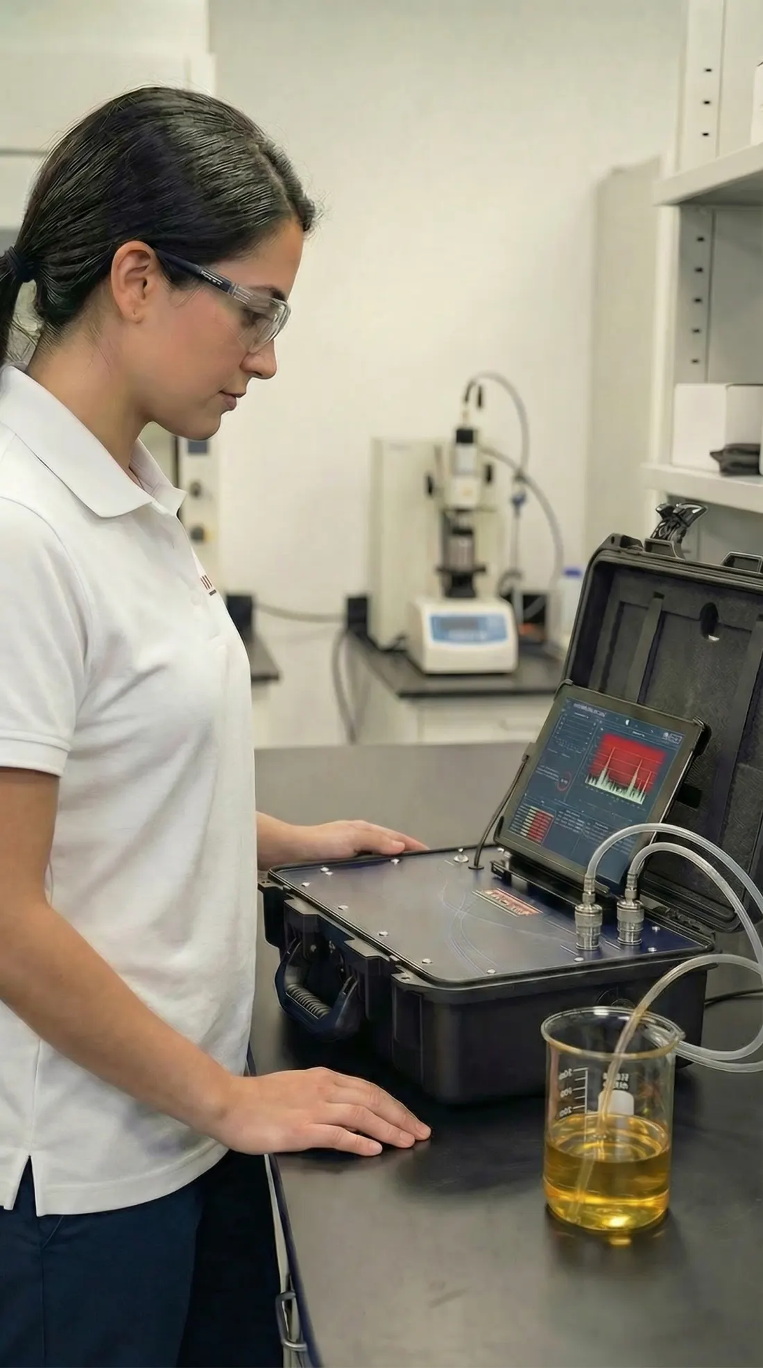 Tribo-Labs analyst processing an oil sample with laboratory equipment
